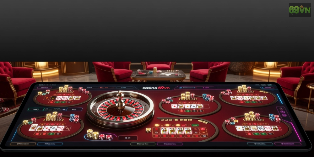 Hình ảnh minh họa khái niệm casino 69vn với giao diện trò chơi hiện đại và an toàn