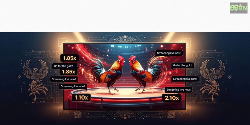 Minh họa khái niệm đá gà trực tiếp 69vn với giao diện streaming hiện đại và biểu tượng trường gà